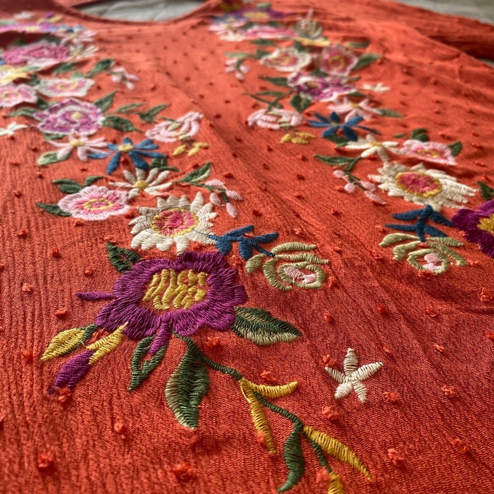 Umgee Embroidered Orange Dress Long Sleeve V Neck Cutout Back Boho Chic Size L - Picture 4 of 9